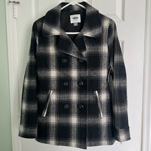 OLD NAVY PEA COAT :: SIZE MEDIUM :: BLACK GREY CREAM PLAID